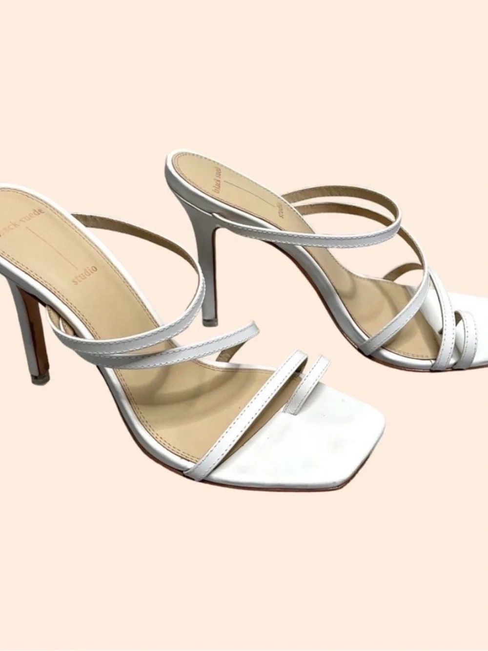 Black Suede Studio Cindy White Strappy Square-Toe High Heel Sandals